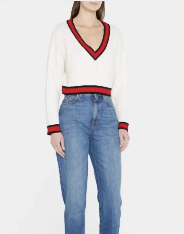 Ayden Cropped V Neck Pullover in White/Perfect Ruby