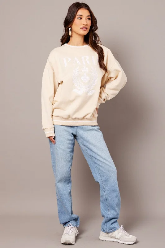 Beige Graphic Sweater Long Sleeve