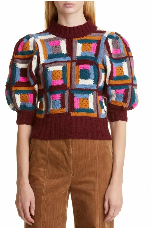 Camryn Crochet Puff Sleeves Sweater in Multi