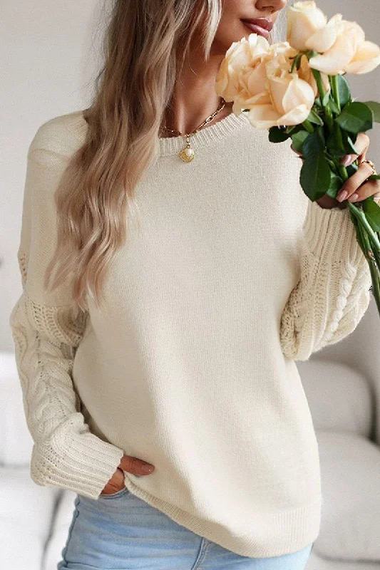 WOMEN SOLID CABLE KNIT SLEEVE SWEATER