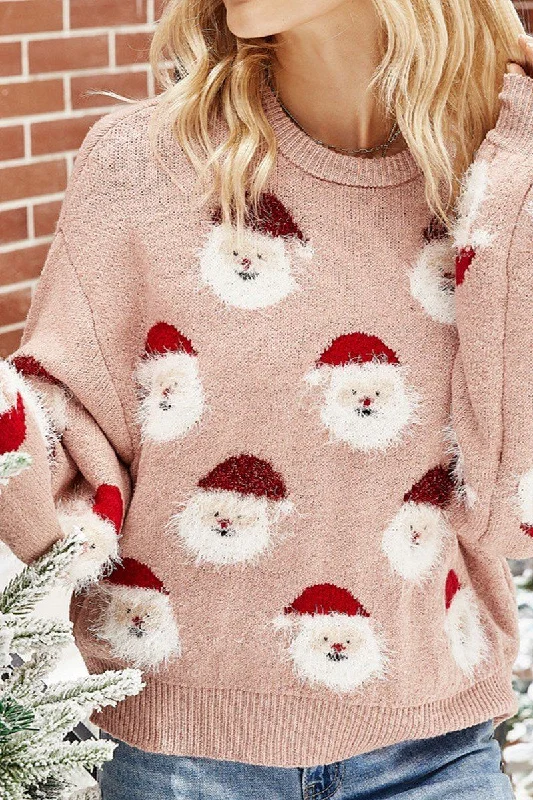 WOMEN FURRY CHRISTMAS SANTA PRINTING KNIT SWEATER