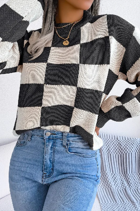 WOMEN PATCHWORK PATTERN LOOSE FIT KNITTED SWEATER