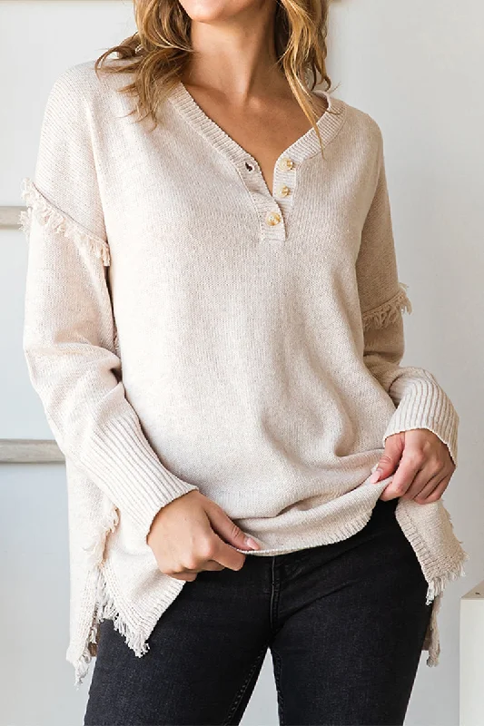 FRINGE SHOULDER BUTTON DOWN SWEATER KNIT TOP