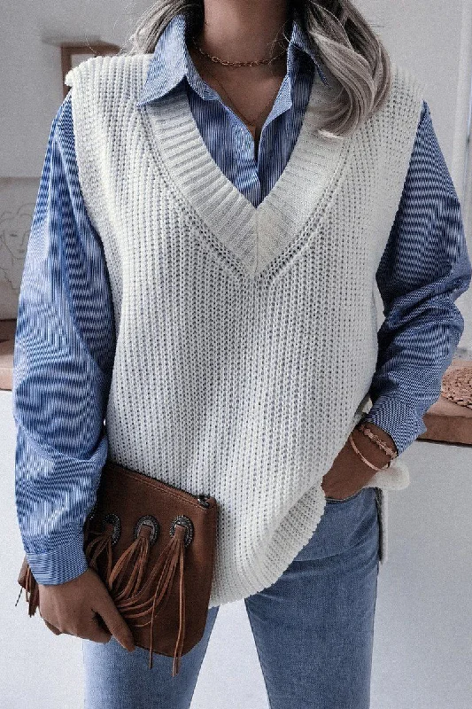 WOMEN V NECK CASUAL LOOSE KNIT SWEATER VEST