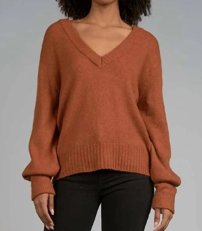 Soft V-Neck Pullover Sweater in Copper