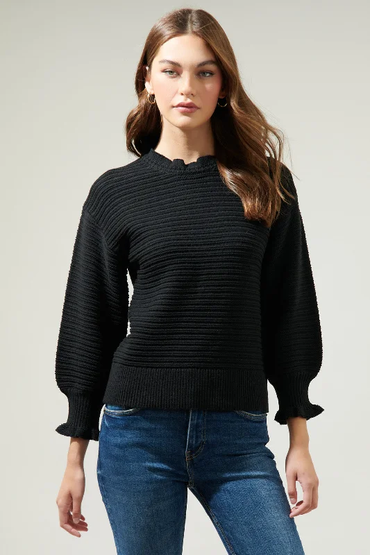 Vee Ruffle Neck Ribbed Sweater