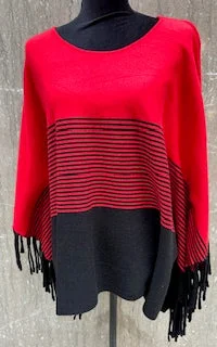 Sweater-Poncho-Red/Black Fringe-Women's-M43207km