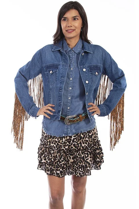 LADIES DENIM JACKET WITH LEOPARD FRINGE