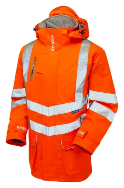 PULSAR Rail HI Viz Unlined Waterproof Storm Coat Orange Hi Vis Workwear PR499