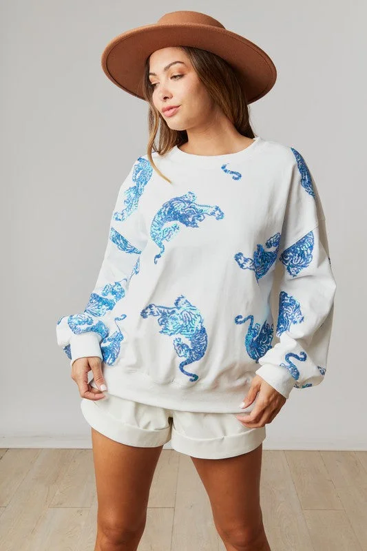 Blue Tiger  Print White Sweatshirt