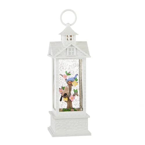 Glitter Light Up White Gazebo Water Lantern with Birds on Blossom Branches 11.75"