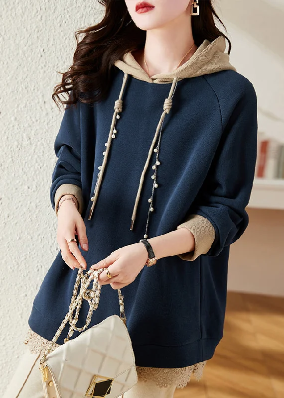 Loose Navy Hooded Nail Bead Patchwork Fleece Sweatshirt Long Sleeve