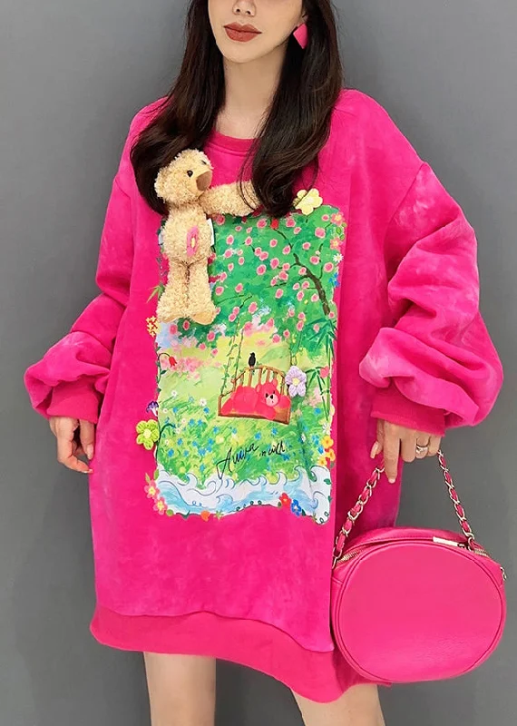 Loose Rose Print Side Open Patchwork Cotton Sweatshirt Long Sleeve