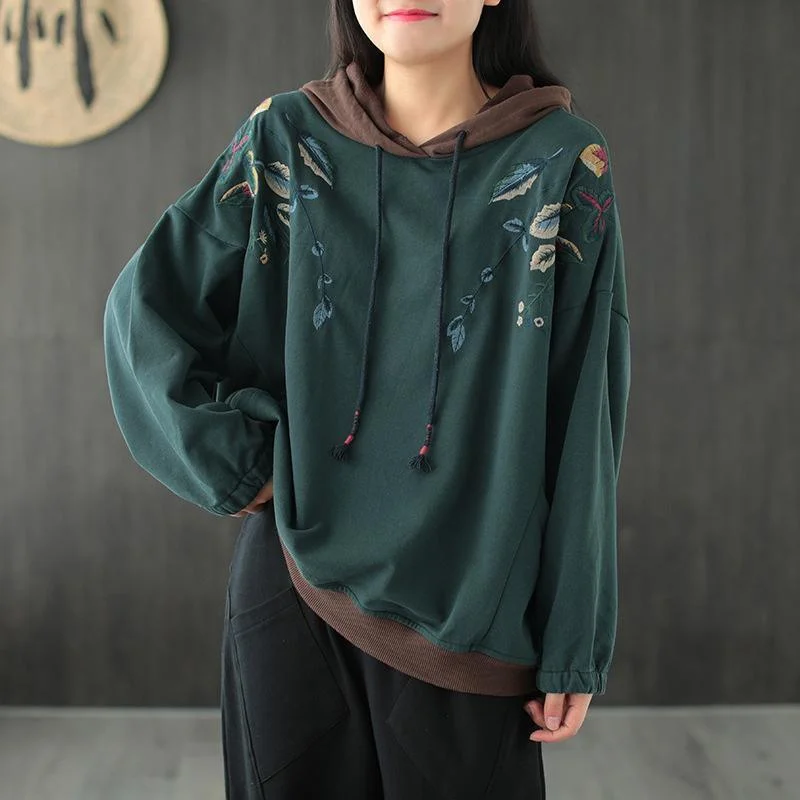 Retro Leaves Embroidery Hooded Sweatshirt Oversize Top