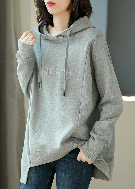 Simple Grey Asymmetrical Graphic Print Drawstring Cotton Sweatshirt Long Sleeve