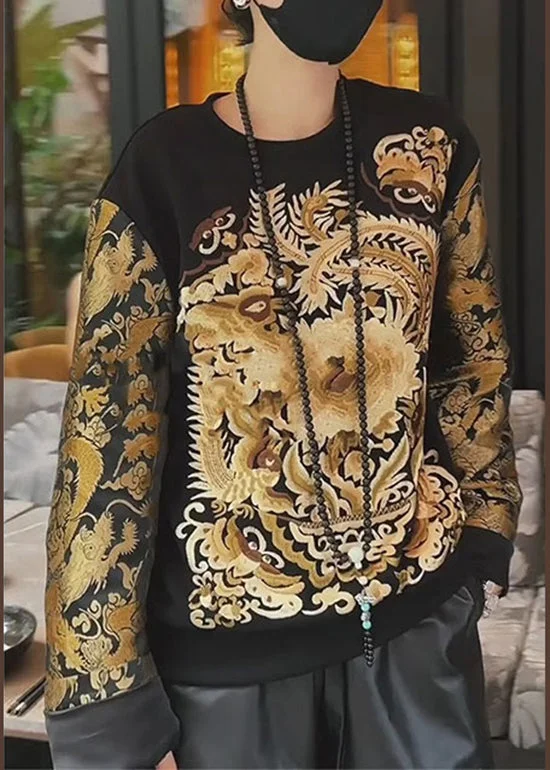 Vintage Black Oriental Embroideried Cotton Sweatshirts Top Fall