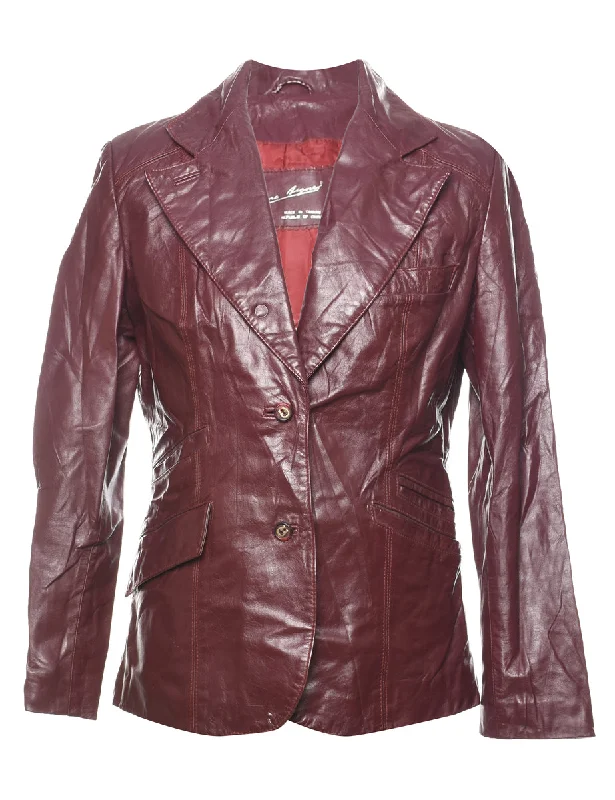 Maroon Classic Button-Front Leather Jacket - S