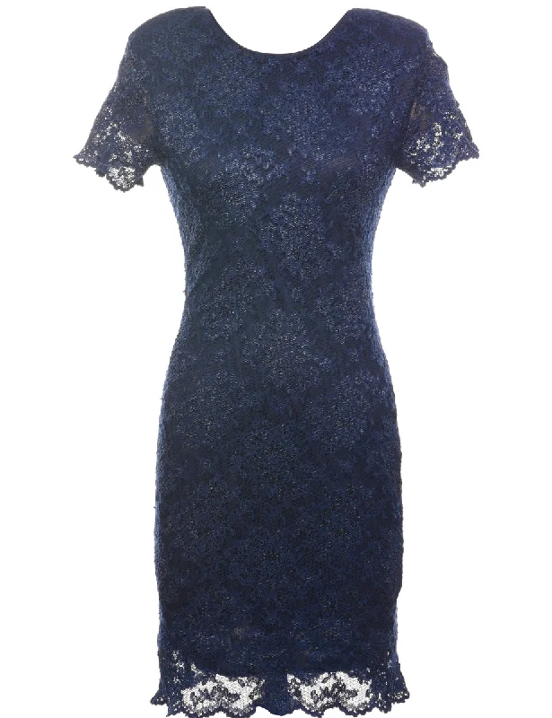 Navy Floral Lace Evening Dress  - S