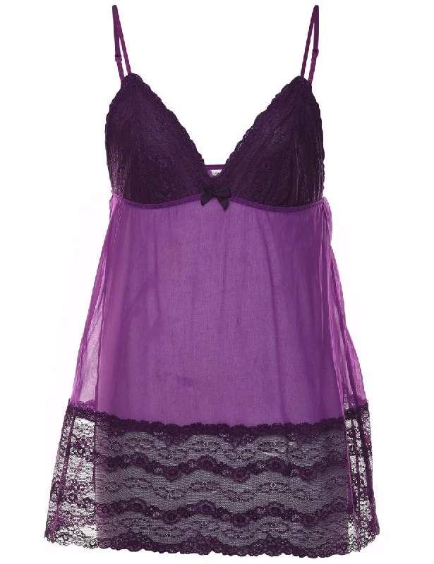 Purple Sheer Lace Trim Babydoll - M