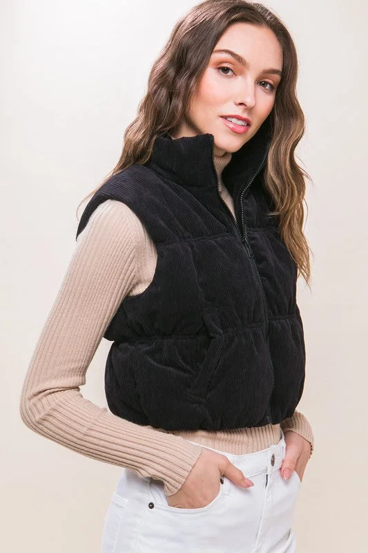 Corduroy Zip Puffer Vest- Black