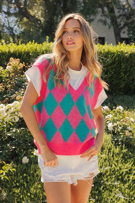 PINK ARGYLE PRINT SLEEVELESS SWEATER VEST TIS12307