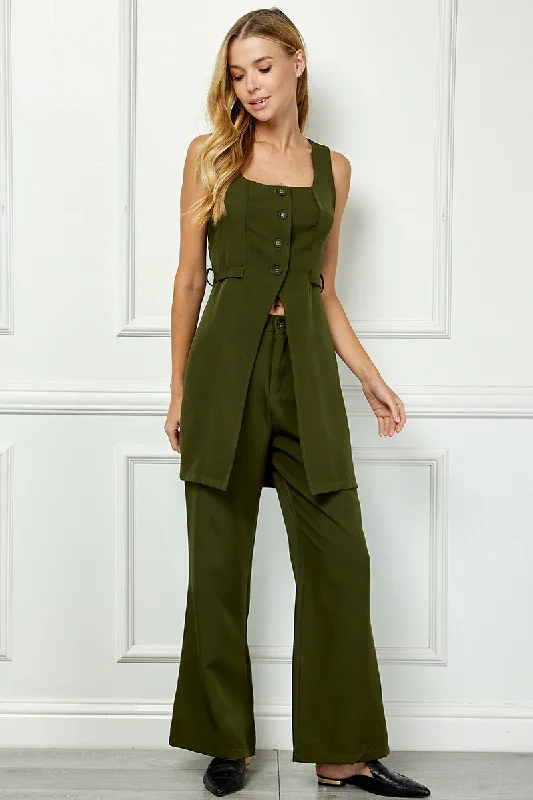 OLIVE SLEEVELESS SPLIT FRONT VEST AND MID-RISE PANTS SET AVV51141W