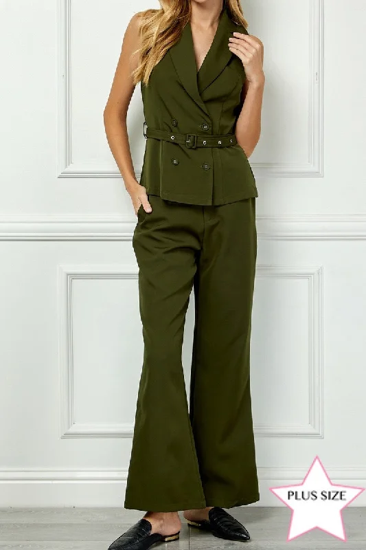 OLIVE SLEEVELESS DOUBLE BREAST VEST AND PLUS SIZE PANTS SET AVV51146X