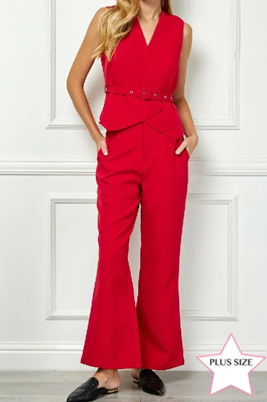 RED SLEEVELESS BELTED VEST AND PANTS PLUS SIZE SET AVV51151WX