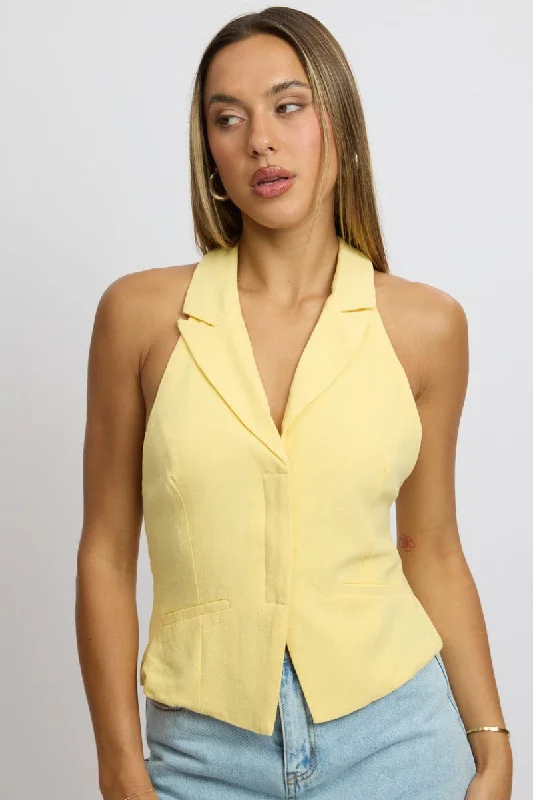 Yellow Vest Top V Neck Halter Neck Open Back