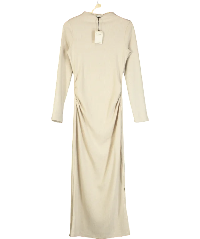 River Island Beige Long Sleeved Ruched Midi Dress UK 6