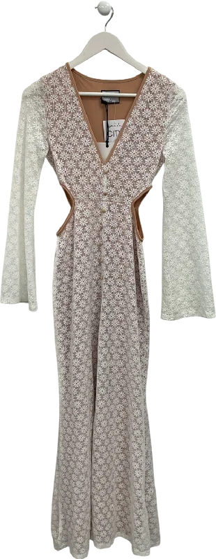 RNWY White Side Cut Out Lace Maxi Dress With Flared Sleeves UK S