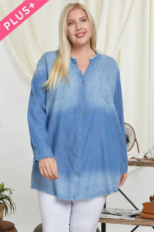 Davi And Dani Denim Rustic Fringe Hem Chambray Shirt Plus Dress