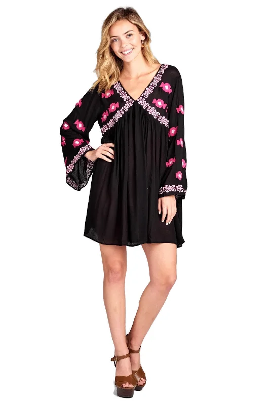 Embroidered Bell Sleeve Dress, Black