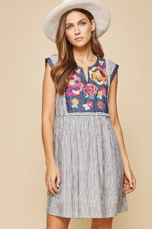 Floral Embroidered Stripe Dress, Denim