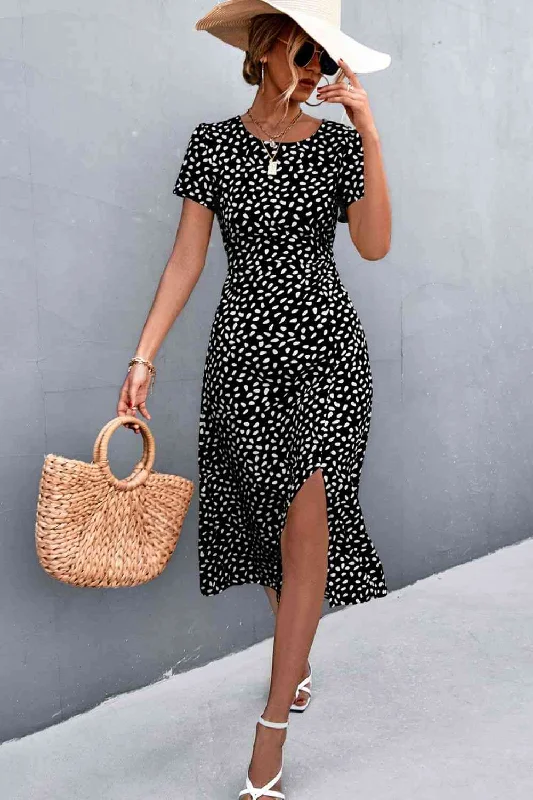 Printed Slit Cutout Midi Dress (Belt Not Included)