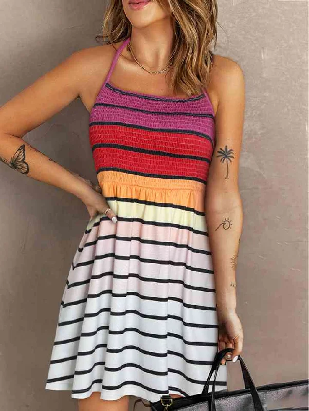 Smocked Sleeveless Striped Mini Dress