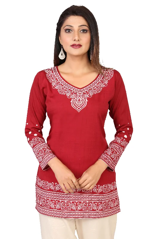 Buy Indian Kurtis Online- Stylish Maroon Printed Kurti Top with White Pattern