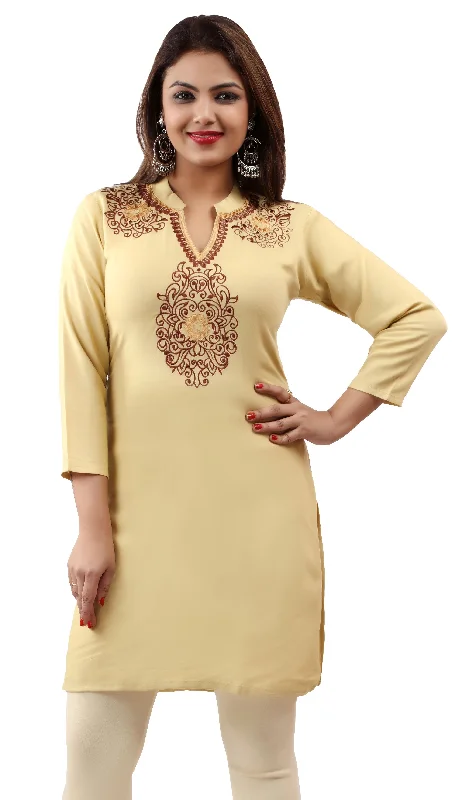 India Women's Tunic Top Kurti Embroidered Indian Clothing (Light Gold, XS)