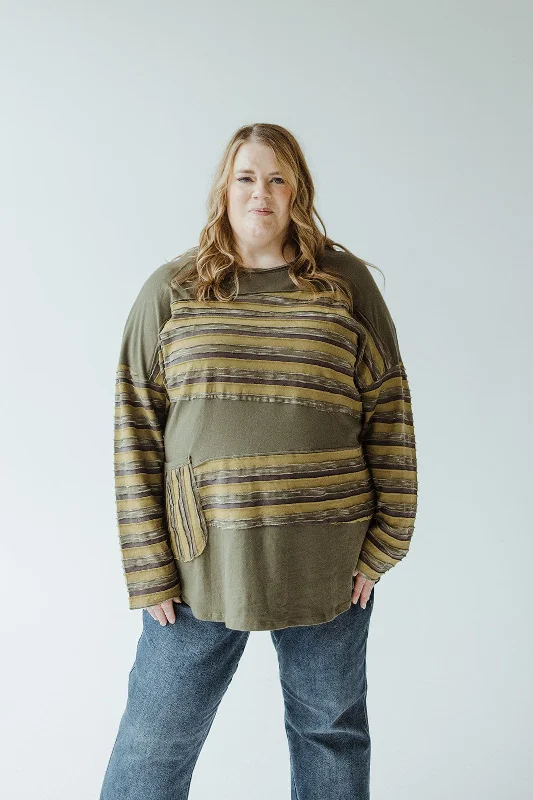 LONG-SLEEVE ROUND NECK TUNIC WITH STRIPE DETAIL IN KALE