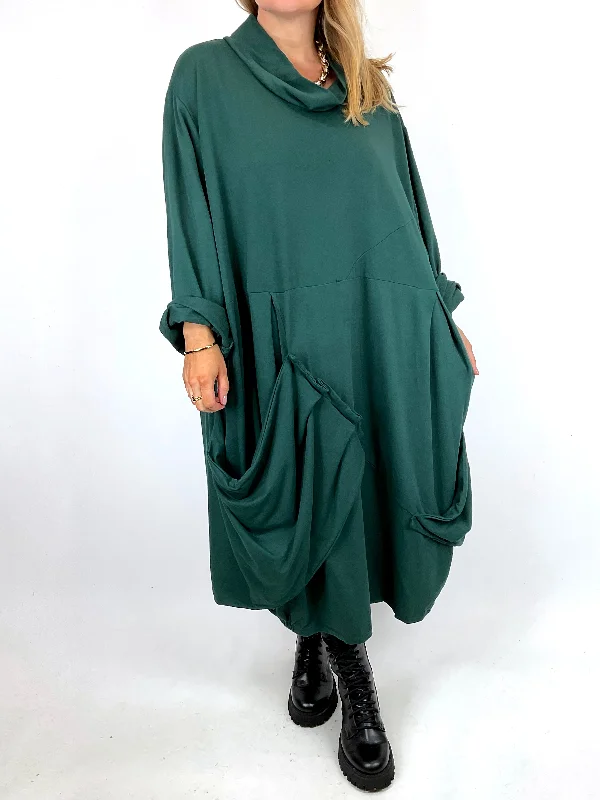 Made in Italy Lagenlook Saints Cowl Neck Plain Tunic in Bottle Green. code 91988