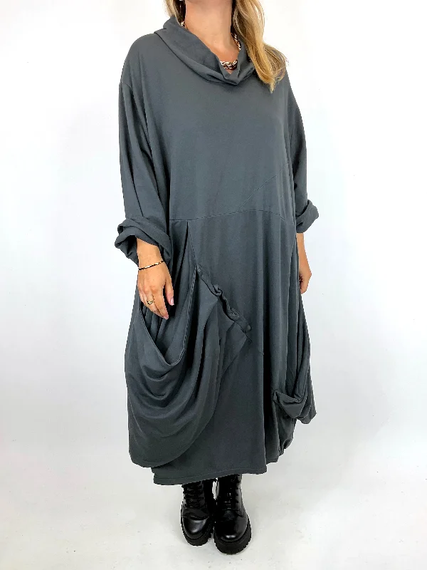 Made in Italy Lagenlook Saints Cowl Neck Plain Tunic in Charcoal. code 91988