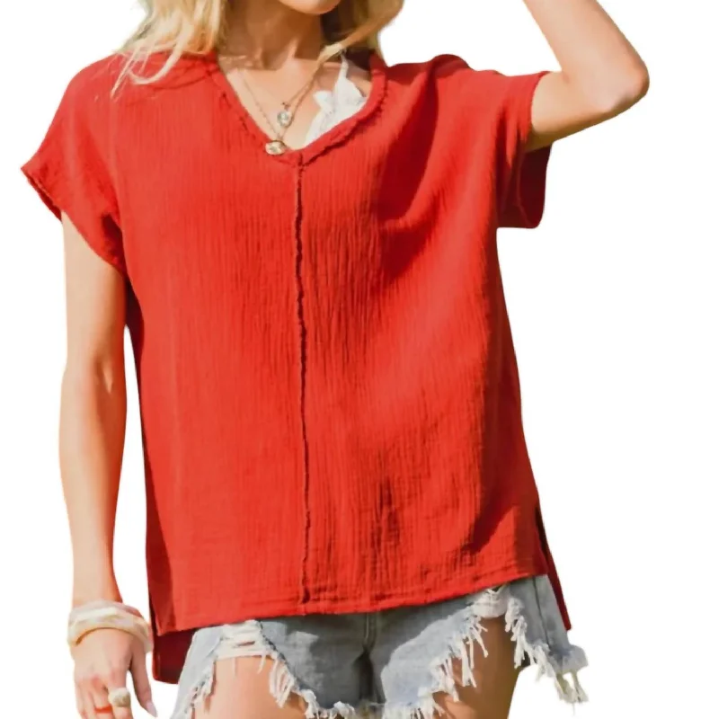 Gauze V-Neck Tunic Top In Fire Red