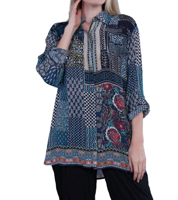 Patchwork Print Button Up Tunic Top In Navy