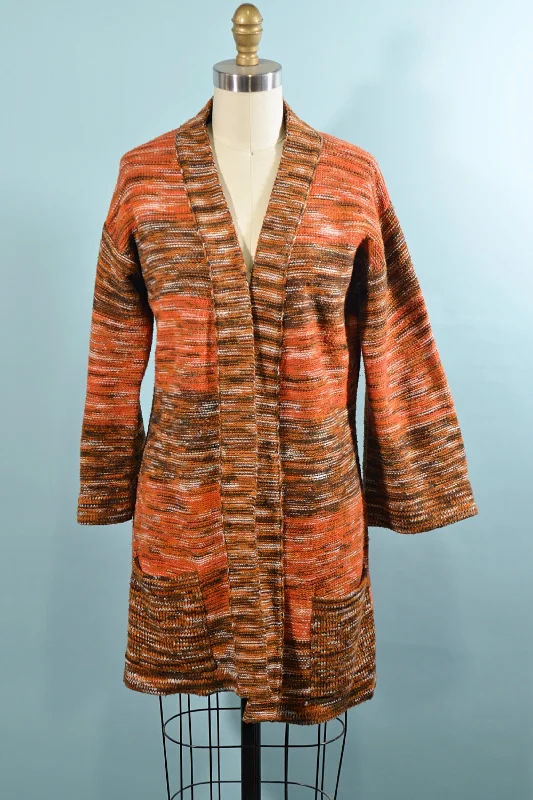 Vintage 70s Orange Boho Cardigan Tunic Sweater, Space Dyed M